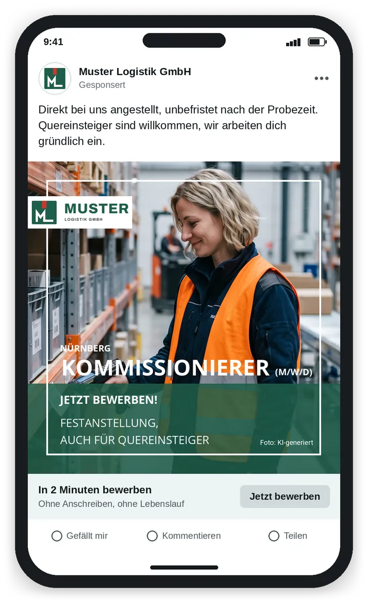 Beispielanzeige im Feed: Kommissioniererin mit Handscanner im Lager, Text: Kommissionierer (m/w/d) in Nürnberg, Festanstellung, auch für Quereinsteiger.