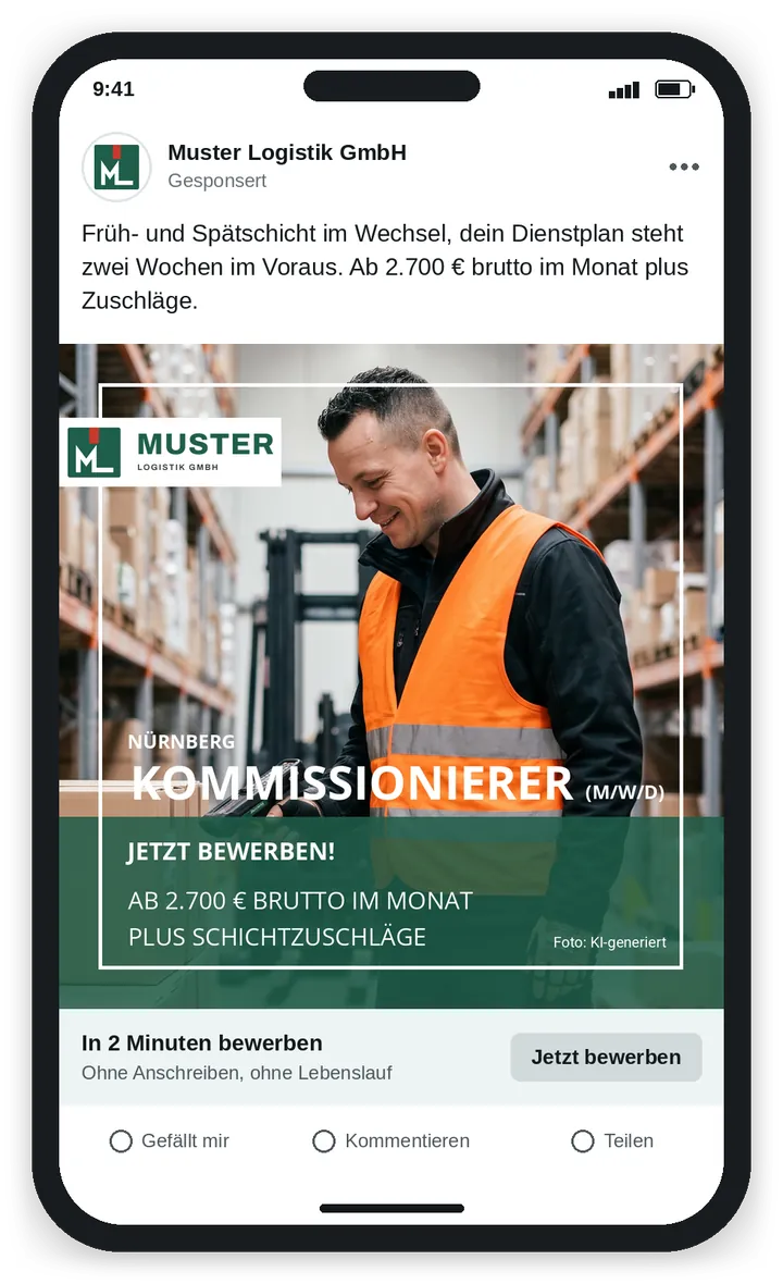 Beispielanzeige im Feed: Kommissionierer mit Handscanner im Lager, Text: Kommissionierer (m/w/d) in Nürnberg, ab 2.700 € brutto im Monat plus Schichtzuschläge.