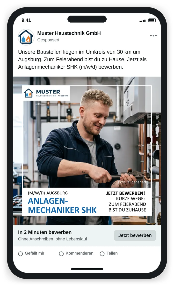 Beispielanzeige der fiktiven Muster Haustechnik GmbH: Anlagenmechaniker SHK in Augsburg, kurze Wege und Feierabend zu Hause
