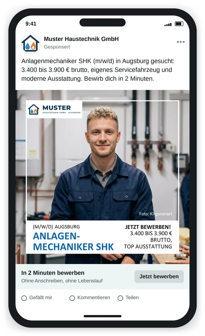 Beispielanzeige der fiktiven Muster Haustechnik GmbH: Anlagenmechaniker SHK in Augsburg, 3.400 bis 3.900 Euro brutto